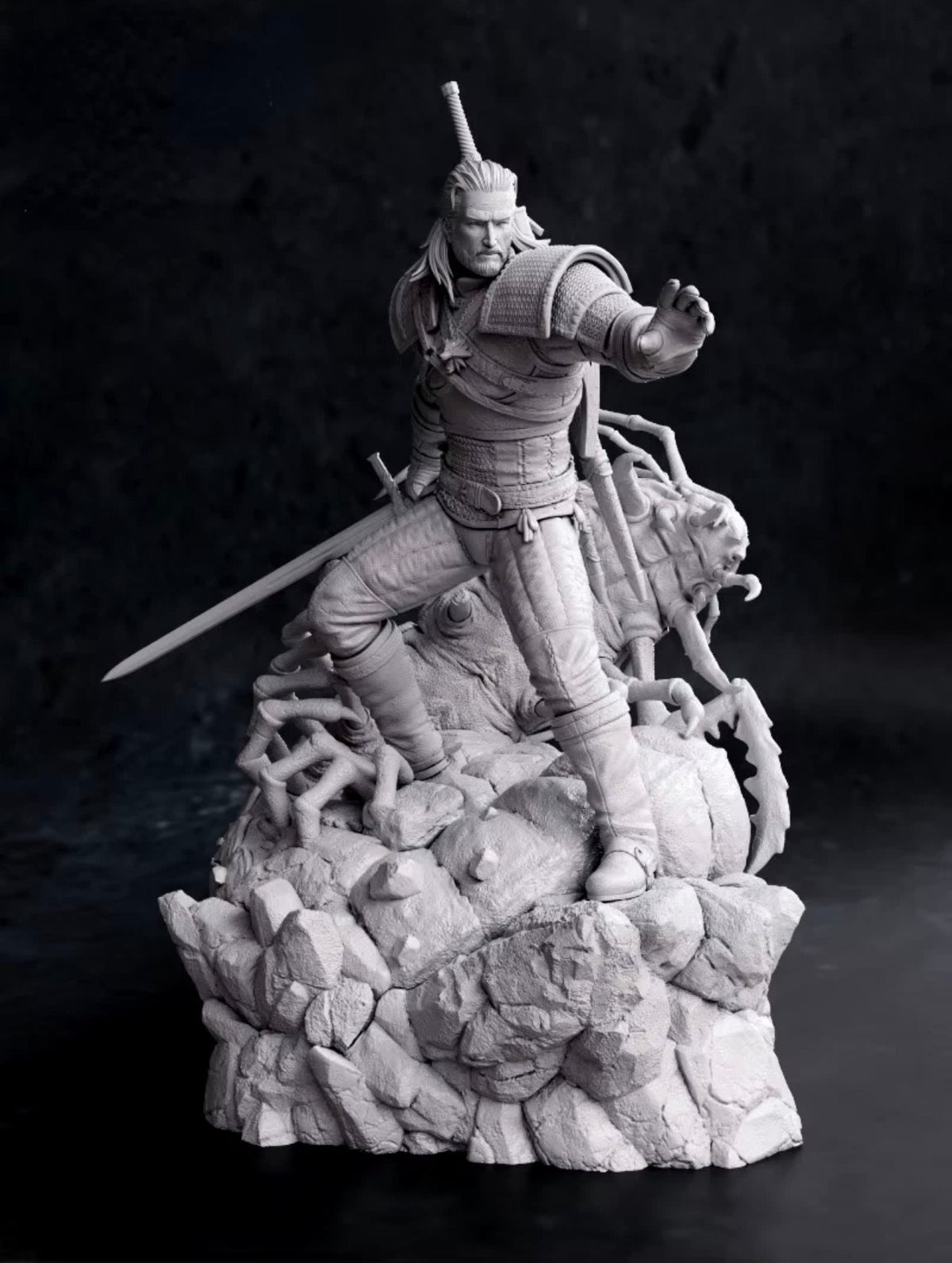 Figurine Geralt de Riv de The Witcher sur un socle avec une créature, impression résine 3D
