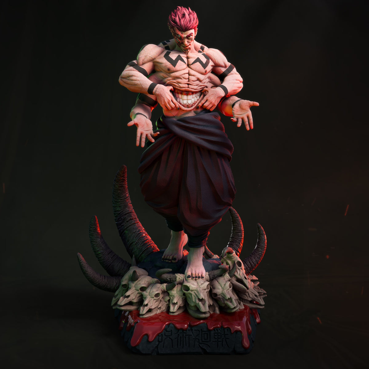 Figurine Ryomen Sukuna Jujutsu Kaisen en résine 3D avec socle de crânes