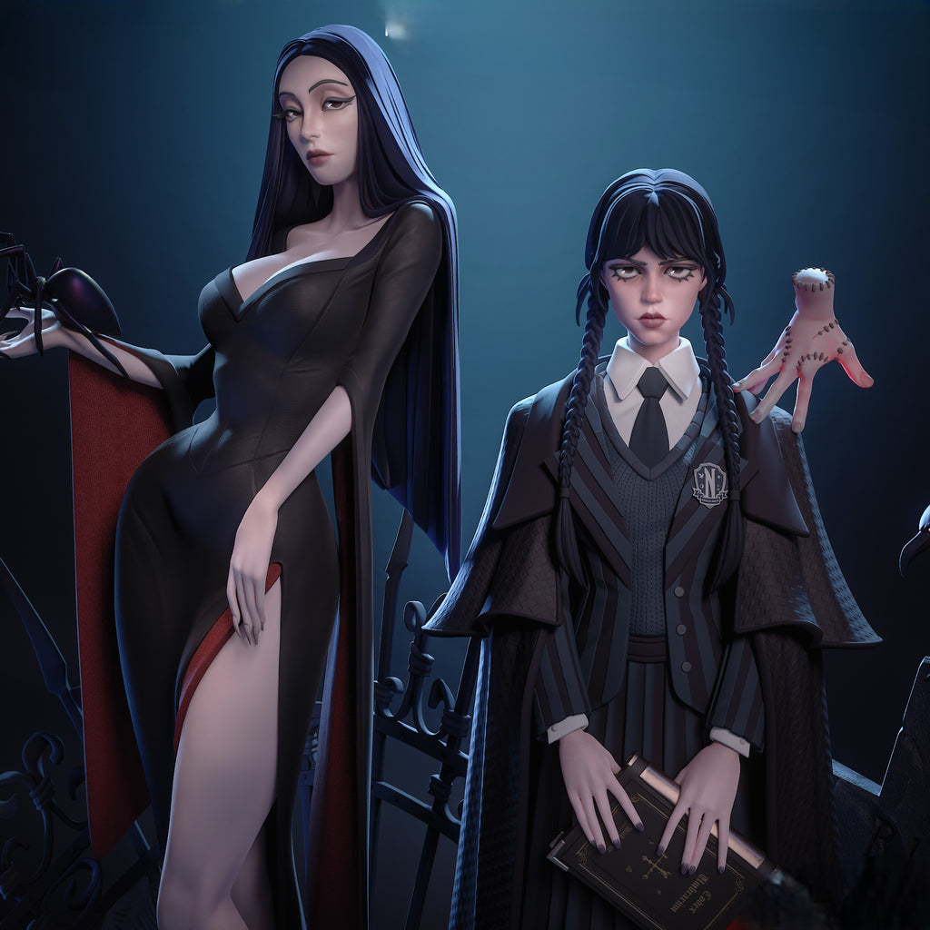 Figurine Wednesday & Morticia Addams – Statue 3D Gothique Premium – Addams Family – Figurine Collection