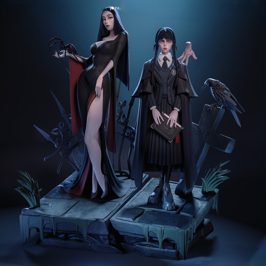Figurine Wednesday & Morticia Addams – Statue 3D Gothique Premium – Addams Family – Figurine Collection
