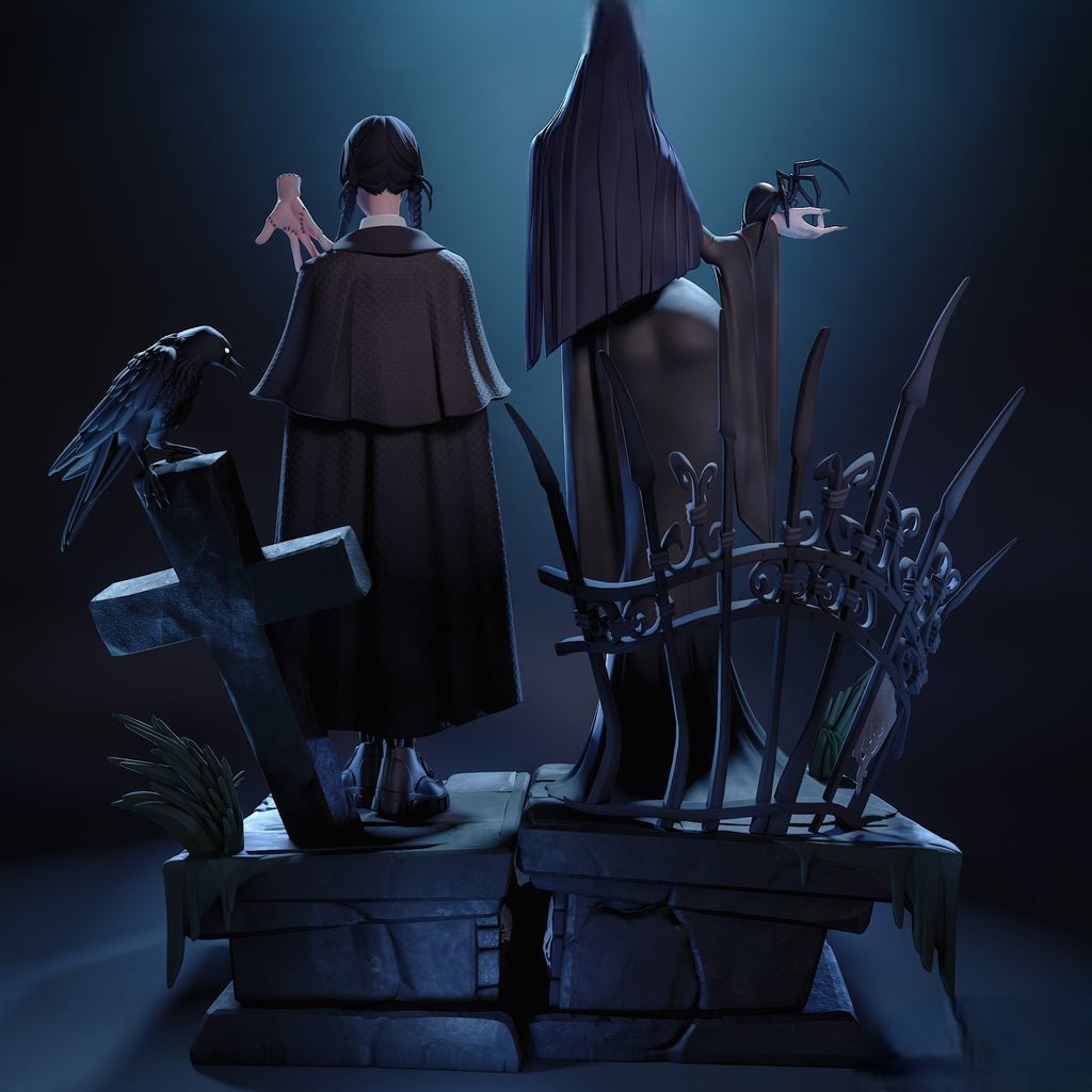 Figurine Wednesday & Morticia Addams – Statue 3D Gothique Premium – Addams Family – Figurine Collection