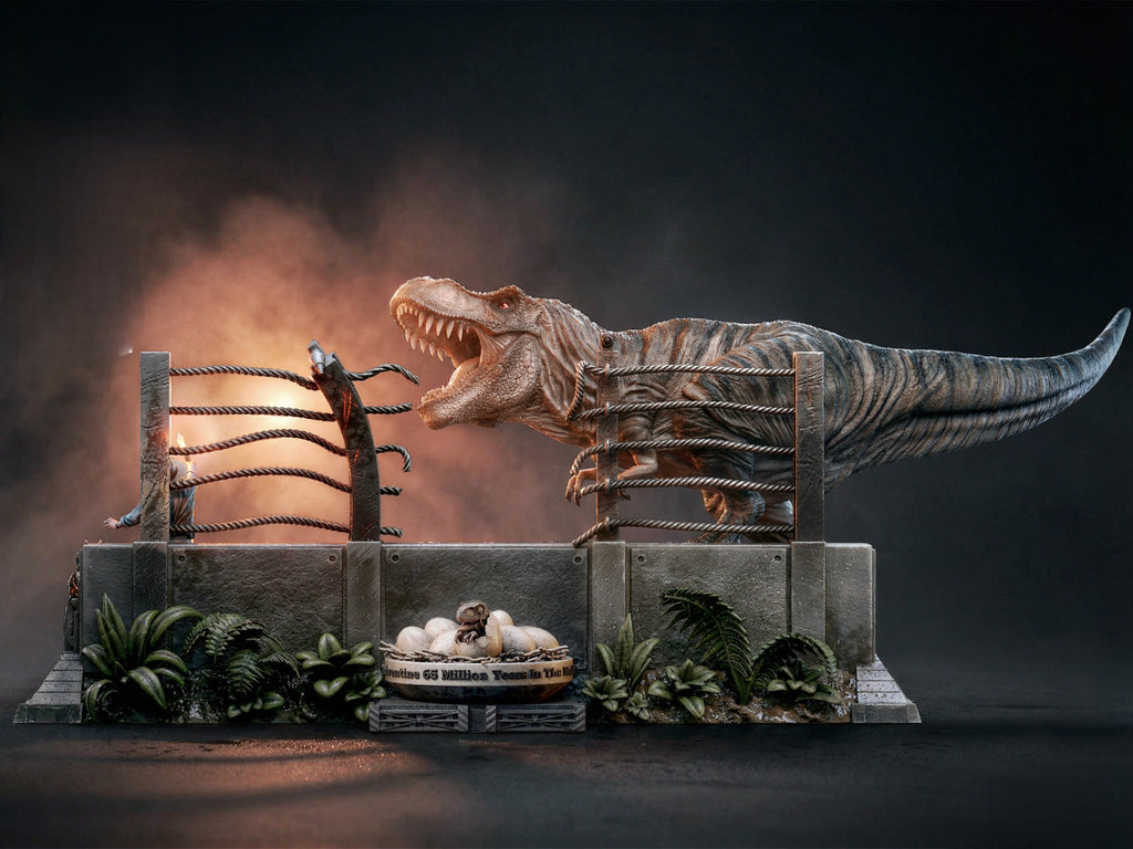 Diorama T-Rex Jurassic Park en résine 3D, dinosaure dans un enclos avec végétation et œufs