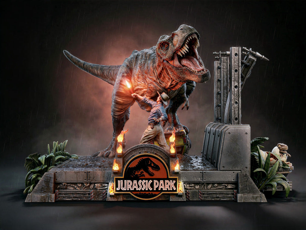 Statue T-Rex Jurassic Park en résine 3D avec explorateur, portail et socle collector