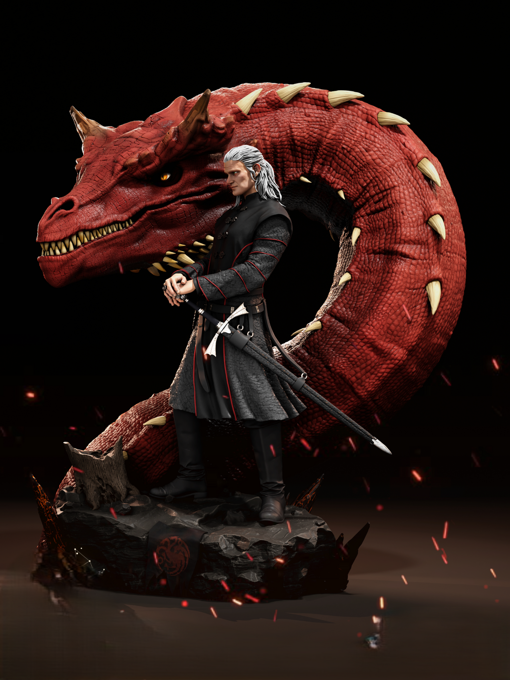 Figurine Geralt de Riv du jeu The Witcher avec un grand dragon rouge sur un socle rocheux