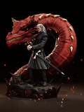 Figurine Geralt de Riv du jeu The Witcher avec un grand dragon rouge sur un socle rocheux