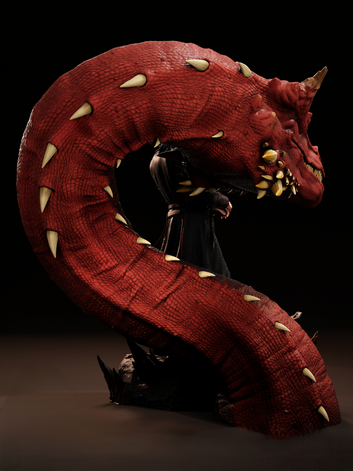 Vue arrière du dragon rouge entourant Geralt de Riv, figurine collector The Witcher en résine 3D