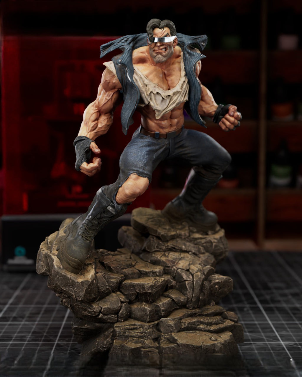 Figurine guerrier cyborg musclé avec visière argentée, gilet noir et socle rocheux, statue résine 3D