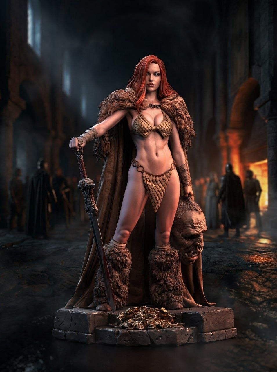 Statue Red Sonja aux cheveux roux en armure d’écailles, tenant une épée sur un socle de pierre