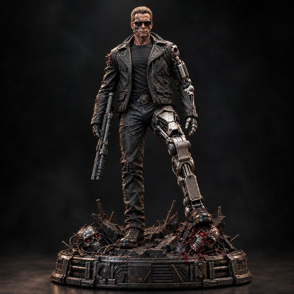 Figurine Terminator T-800 en veste noire avec bras et jambe mécaniques sur socle futuriste