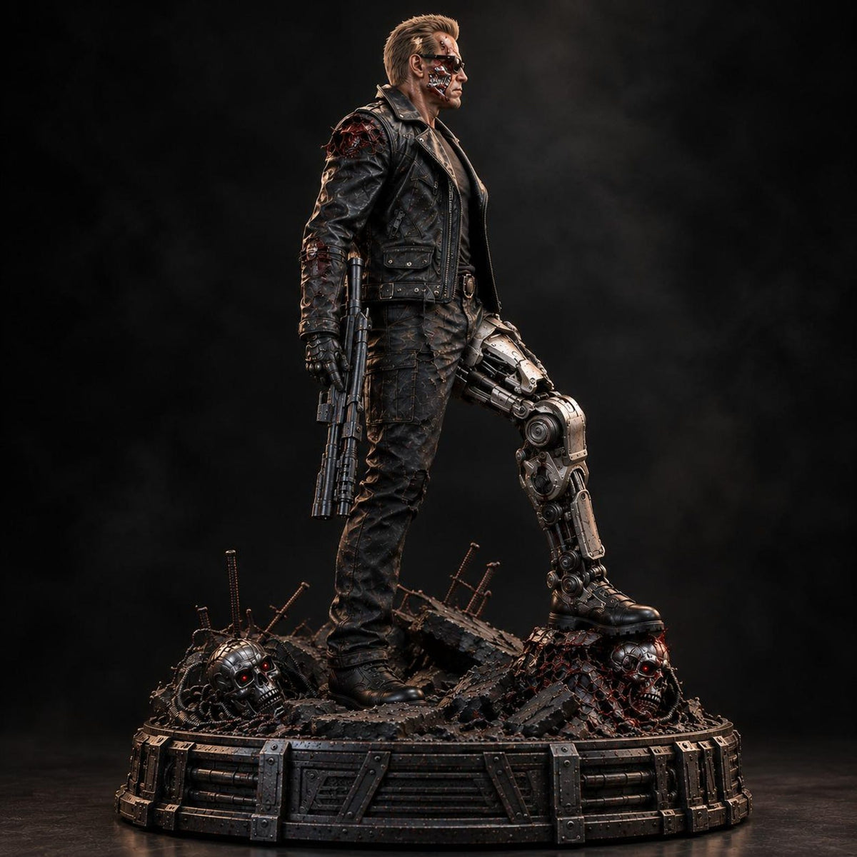 Vue latérale de la figurine Terminator T-800 avec membres robotiques et socle de débris métalliques
