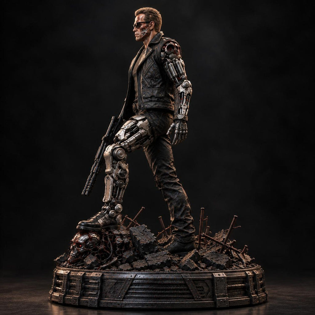 Vue trois quarts de la statue Terminator T-800 en résine 3D avec lunettes noires et jambes mécaniques