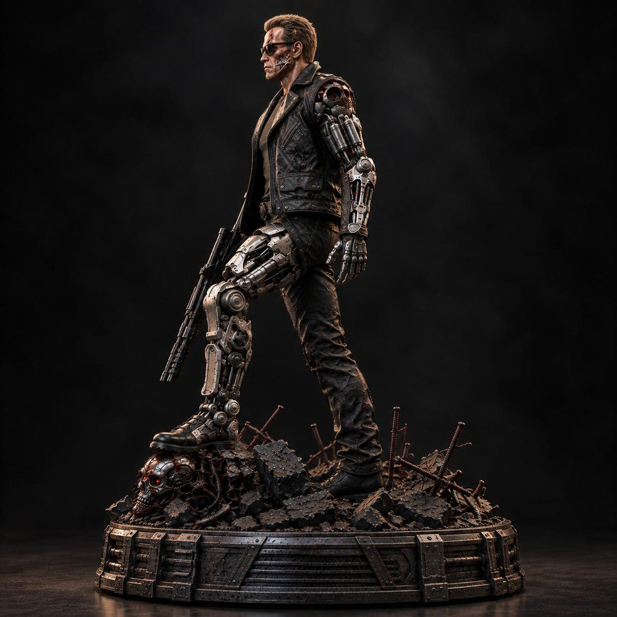 Vue trois quarts de la statue Terminator T-800 en résine 3D avec lunettes noires et jambes mécaniques