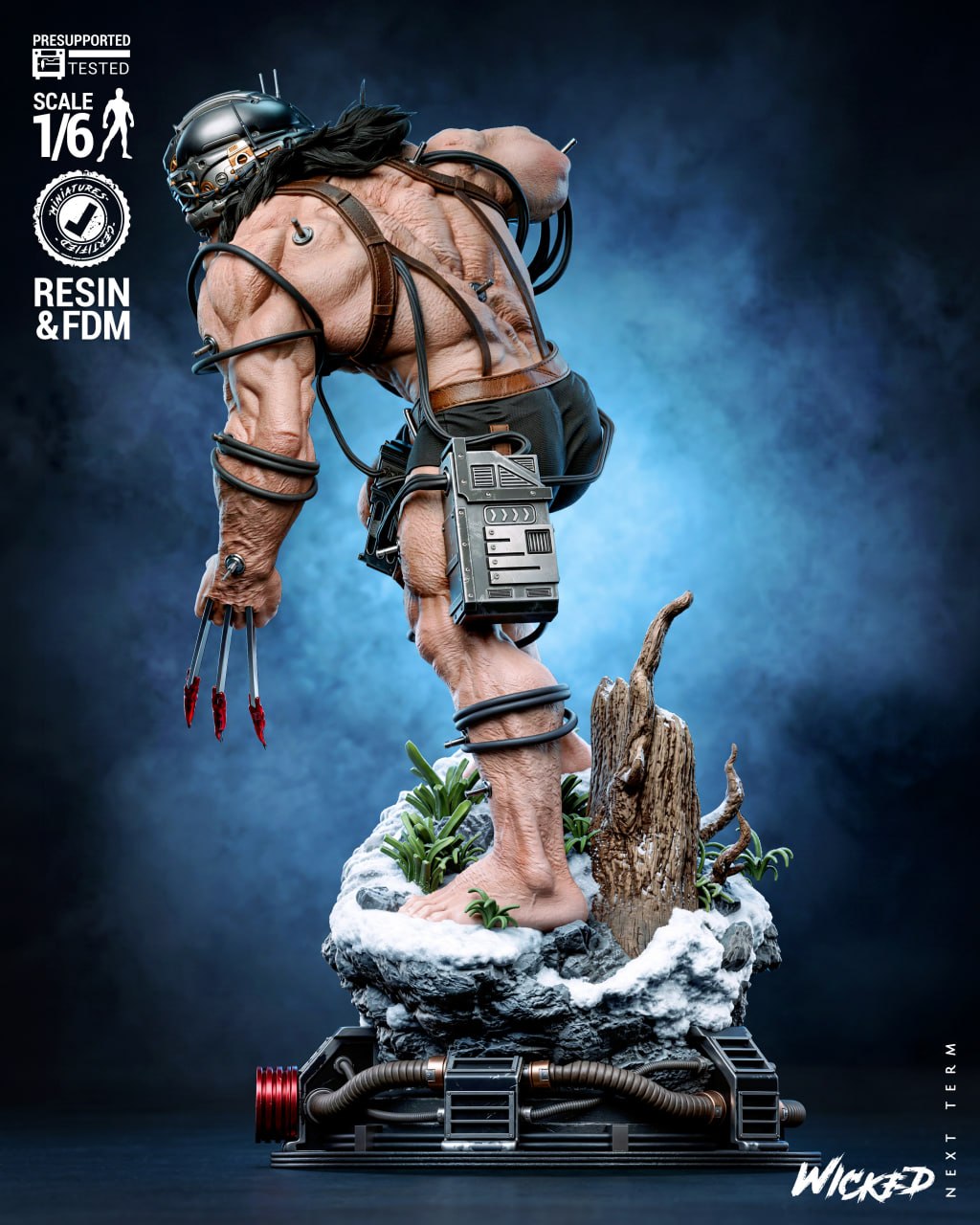 Vue arrière de Wolverine Weapon X avec câbles et équipement expérimental, statue résine 3D Marvel X-Men