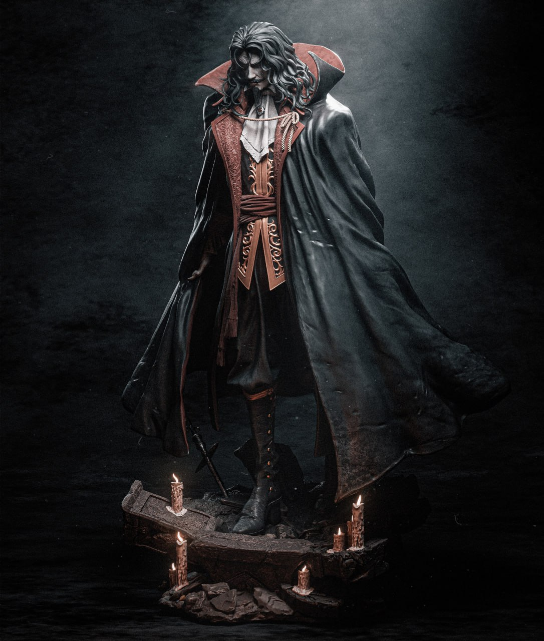 Figurine Dracula Castlevania en cape noire sur un socle avec des bougies