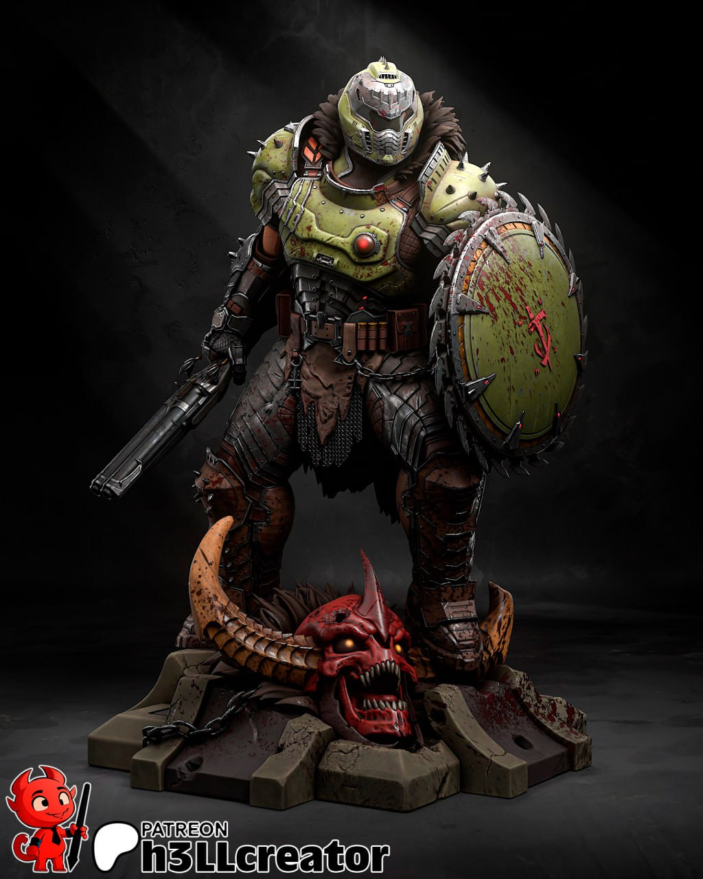 Figurine Doomguy de DOOM en résine 3D, armure verte, bouclier et socle avec crâne démoniaque