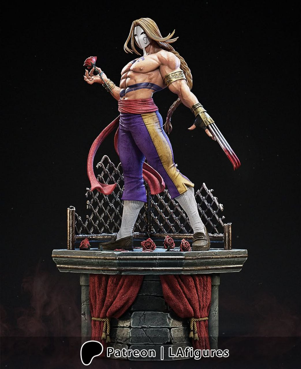 Figurine Vega de Street Fighter en résine 3D, tenue violette et dorée, roses et griffes