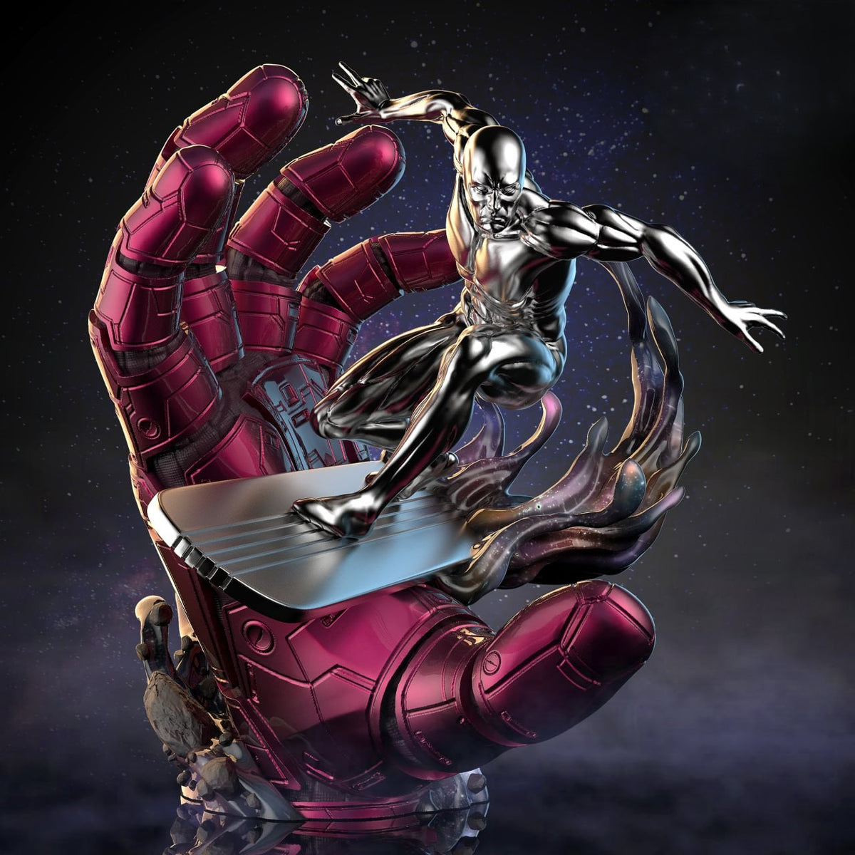 Figurine Silver Surfer Marvel en résine 3D sur socle