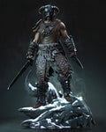 Figurine guerrier nordique à casque à cornes sur socle de dragon enneigé