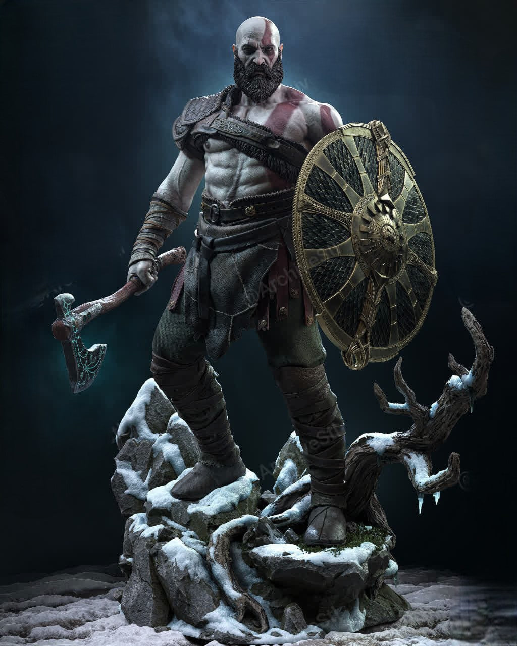 Figurine Kratos – God of War avec hache Léviathan et bouclier nordique