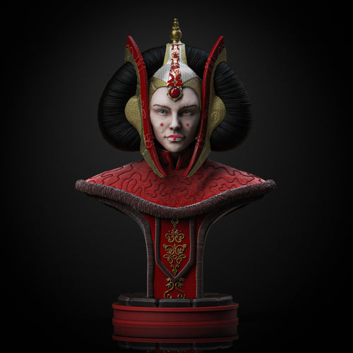 Buste de Padmé Amidala en tenue cérémonielle rouge et noire, inspiré de Star Wars
