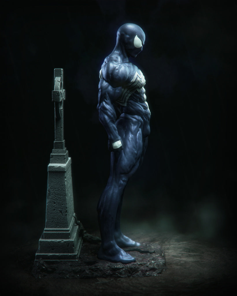 Figurine Spider-Man Symbiote en résine 3D – vue complète avec socle